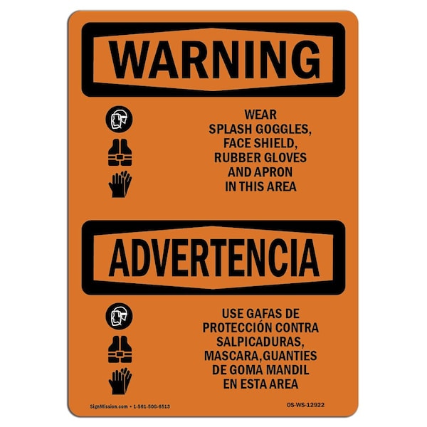 OSHA Wear Goggles Shield Gloves Apron Bilingual 24in X 18in Rigid Plastic, 24" W, 18" H, Landscape